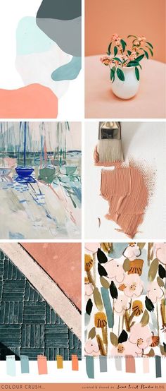 the collage shows different colors and patterns in this image, including pinks, blue,