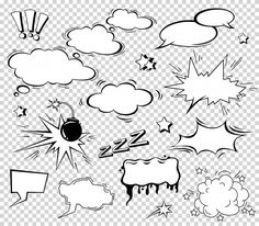 black and white comics speech bubbles clipart png, transparent background with no background