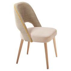 an upholstered chair with wooden legs and a beige fabric seat pad on the back