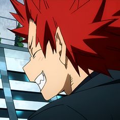 an anime character with red hair looking at something in the distance and his eyes open