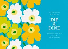 a blue and yellow floral wedding card with the words dip & dine on it