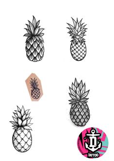 four pineapples with different designs on them