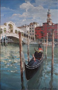 a painting of a gondola on the water in front of a bridge and buildings