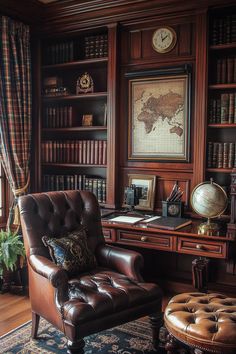 a chair and ottoman in front of a bookcase with books on the shelves,