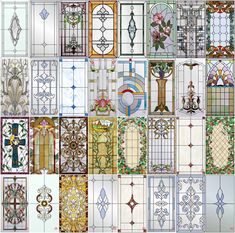 many different types of stained glass windows and doors with decorative designs on them, all in various colors