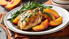 grilled chicken with peaches and green beans on a plate