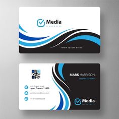 two business cards with blue and black wavy lines on the front, one is for media