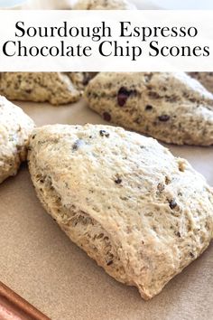 chocolate chip scones on a baking sheet with text overlay