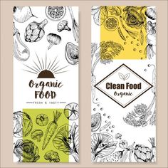 two vertical banners with hand drawn vegetables and fruits on them, one for organic food