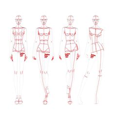 a line drawing of three female mannequins with short shorts and high heels