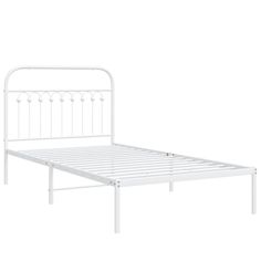 a white metal bed frame with headboard and foot board on the bottom part of it