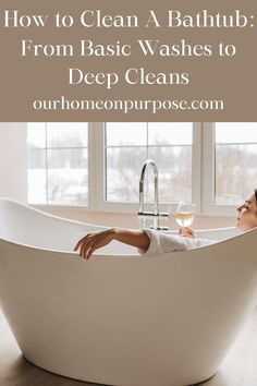 Woman sitting in clean bathtub. Clean A Bathtub, Bathtub Cleaning, Clean Bathtub, Bathroom Cleaning, Deep Cleaning, Vinegar, House Plans