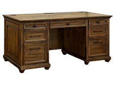 a wooden desk with two drawers on each side and an open drawer at the top