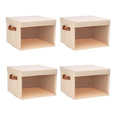 four empty wooden boxes are shown in three different positions