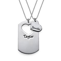 Do you have someone's heart? Do you want to show off your best friend forever? Then do it with our Couple's Dog Tag Necklace with Cut Out Heart ! This couple's necklace set features two parts - a dog tag with a heart cut out and then the heart cut out. Engrave each with any name you want. This couple's necklace can be used for significant others or also for BFFs, whatever you would like! The Couple's Dog Tag Necklace with Cut Out Heart is made of 0.925 Sterling Silver and hangs on a Sterling Sil Best Friend Forever, Puzzle Jewelry, Engraved Engagement Ring, Silver Dog, Heart Cut Out, Fingerprint Jewelry, Heart Shaped Necklace, Diamond Solitaire Necklace, Couple Necklaces