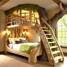 a bedroom with a tree house bed and stairs