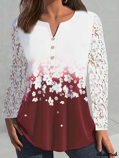 Olivia Mark - Womens Plus Size Casual Blouse: Ombre Floral Print with Contrasting Lace Detail, Long Sleeve V Neck Button Up Shirt Top Winter Blouses, Lace Sleeve Top, Casual Lace, Women Shirts Blouse, Feminine Look, Clothing Size Chart, Womens Clothing Sizes, Casual Blouse, Plus Size Casual