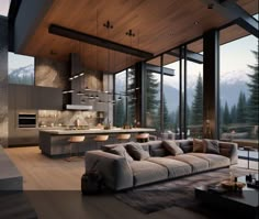 a living room filled with furniture and lots of windows next to a counter top oven