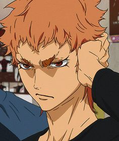 an anime character with red hair and blue eyes looks at the camera while wearing a black shirt