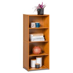 a wooden shelf with three shelves and a potted plant on top in front of it