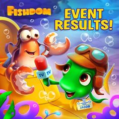 an advertisement for fishdom event results with two cartoon characters on the front and back