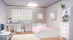 a bedroom with a bed, desk and dressers in the corner is decorated in pastel colors