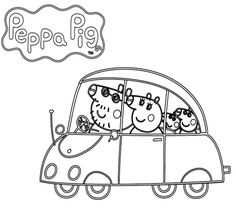 peppa pig coloring page with three pigs in a car and the words peppo pig