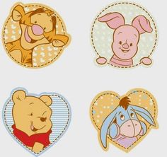 winnie the pooh and friends stickers are shown in four different shapes, including heart shaped