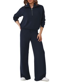 PRICES MAY VARY. Fabric: This sweatshirt & sweatpants set is made from 68% Rayon, 28% Polyester and 4% Spandex with soft texture, skin-friendly, smooth, and stretchy, relaxed fit for all day comfort. Must-have outfits in your Fall/Winter line. Feature: This sweatsuit set combines comfort with style. The sweatshirts features half zip and long sleeves for a relaxed fit, while wide leg sweatpants with elastic waist and drawstring ensure a customizable fit, and the inclusion of pockets on the pants Sweatsuit Sets Women, Womens Sweatpants Outfits, Matching Sweat Set, Texture Skin, Matching Sweats, Sweatpants Outfits, Sweatpants Outfit, Sweatsuit Set, Wide Leg Sweatpants