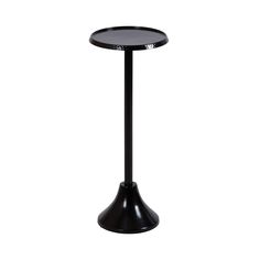 a small black table with a round top and metal base on an isolated white background