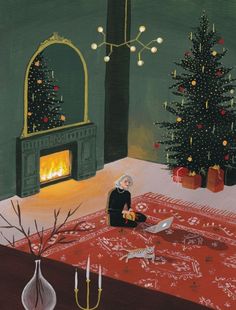 a painting of a person sitting in front of a fire place with a christmas tree