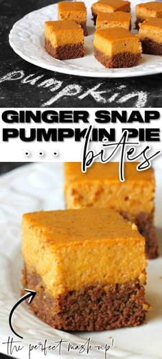 two pictures showing different types of pumpkin pies on white plates with text overlay that says, ginger snap pumpkin pie bites