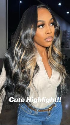 Sew In With Honey Blonde Highlights, Black Hair Peak A Boo Highlights, Quick Weave With Blonde Streaks, Weave With Blonde Streak, Sew In With Blonde Streaks, Middle Part Sew In With Leave Out Color, Dark Fall Hair Color Ideas 2023, Black Wigs With Highlights, Black Sew In With Highlights