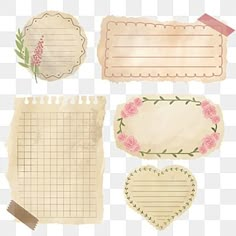 four different pieces of paper with flowers and hearts on them, one is blank for text