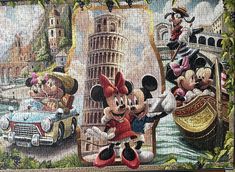 a mickey mouse jigsaw puzzle is shown in front of an image of disney characters