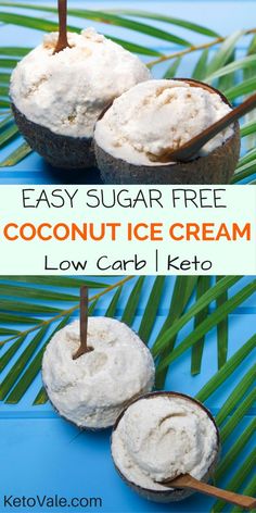 two coconuts with ice cream in them on a blue background and the words easy sugar free coconut ice cream low carb keto