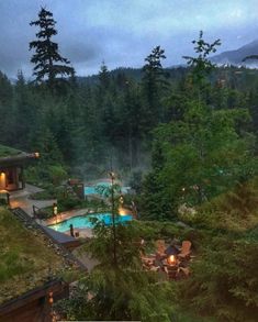 an outdoor swimming pool surrounded by trees and lights