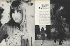 an open book with black and white photos of a woman in long hair wearing a dress