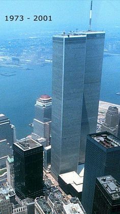 an aerial view of the twin towers in new york city, from the top of one world trade center