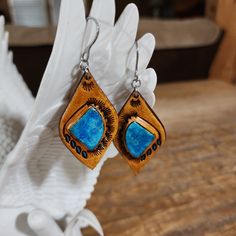 Handmade Leather Turquoise Earrings, Bohemian Hand-tooled Leather Earrings, Handmade Turquoise Leather Earrings, Handmade Leather Earrings In Turquoise, Artisan Hand-tooled Teardrop Earrings, Bohemian Turquoise Leather Earrings, Southwestern Hand Tooled Earrings For Gift, Southwestern Hand Tooled Earrings As Gift, Southwestern Hand-tooled Earrings As Gift