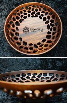 two different views of a wooden bowl with holes in the center and bottom, on top