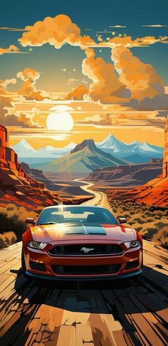 a red sports car driving down a road with mountains in the background and clouds above