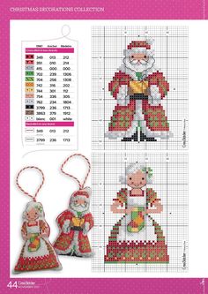 the cross stitch pattern for christmas decorations is shown in three different sizes and colors, including santa