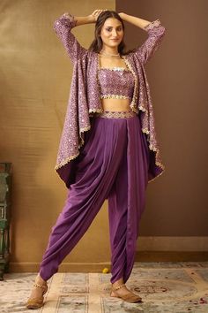 Buy Purple Crepe Embellished Floral Motifs Geet Dhoti Pant Set For Women by Moledro Online at Aza Fashions. Dhoti Set For Women, Coord Set With Dhoti, Pants Hem Detail, Indian Dhoti Dress For Women, Dhoti Sets For Women, Dhoti Designs For Women, Dhoti Pattern Dress For Women, Latest Ethnic Dresses Indian, Dhoti Pants Women