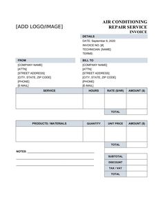 an invoice form with the words air conditioning repair service written on it,