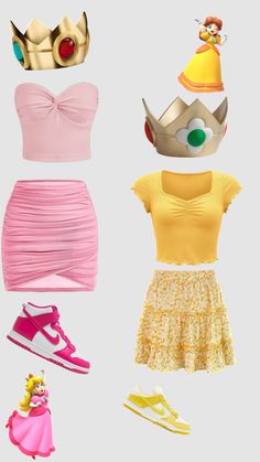 four different princess outfits and shoes on a white background, including one yellow dress, the other pink