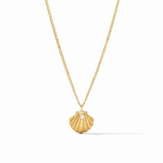 A lifelike golden starfish with a pearl at its center, held by a delicate golden curb chain. Sanibel Shells, Spa Gift Card, Pandora Earrings, Julie Vos, Sun With Sunglasses, Scallop Shells, Station Necklace, Shell Pendant, Crossbody Tote