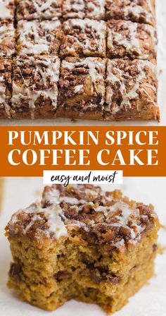 pumpkin spice coffee cake with white icing on top and an orange text overlay