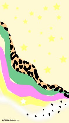 an illustrated drawing of a cheetah laying on top of a rainbow colored wave