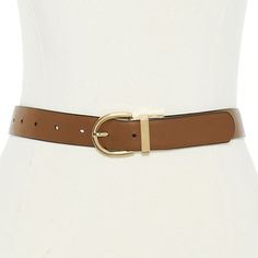 Try this versatile Liz Claiborne women's belt for a classy finishing touch. Made from faux leather, this belt has a 1-inch strap width and a gold-tone buckle, with the interior side featuring a chic monogram finish and the outer side a classic brown. Style yours with jeans and a sweater. Base Material: 100% PolyurethaneFabric Description: Faux LeatherCare: Spot CleanCountry of Origin: Imported Chic Adjustable Belt With Gold Buckle, Gold Belt Buckles For Work, Modern Belts With Gold Buckle For Office, Trendy Belt With Gold Buckle For Work, Modern Belts With Gold Buckle, Trendy Formal Belt With Gold Buckle, Womens Belt, Belt Brown, Brown Style